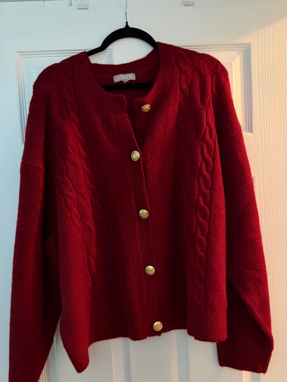 J.Crew Red Cable Knit Cardigan Sweater with Gold Crest Buttons